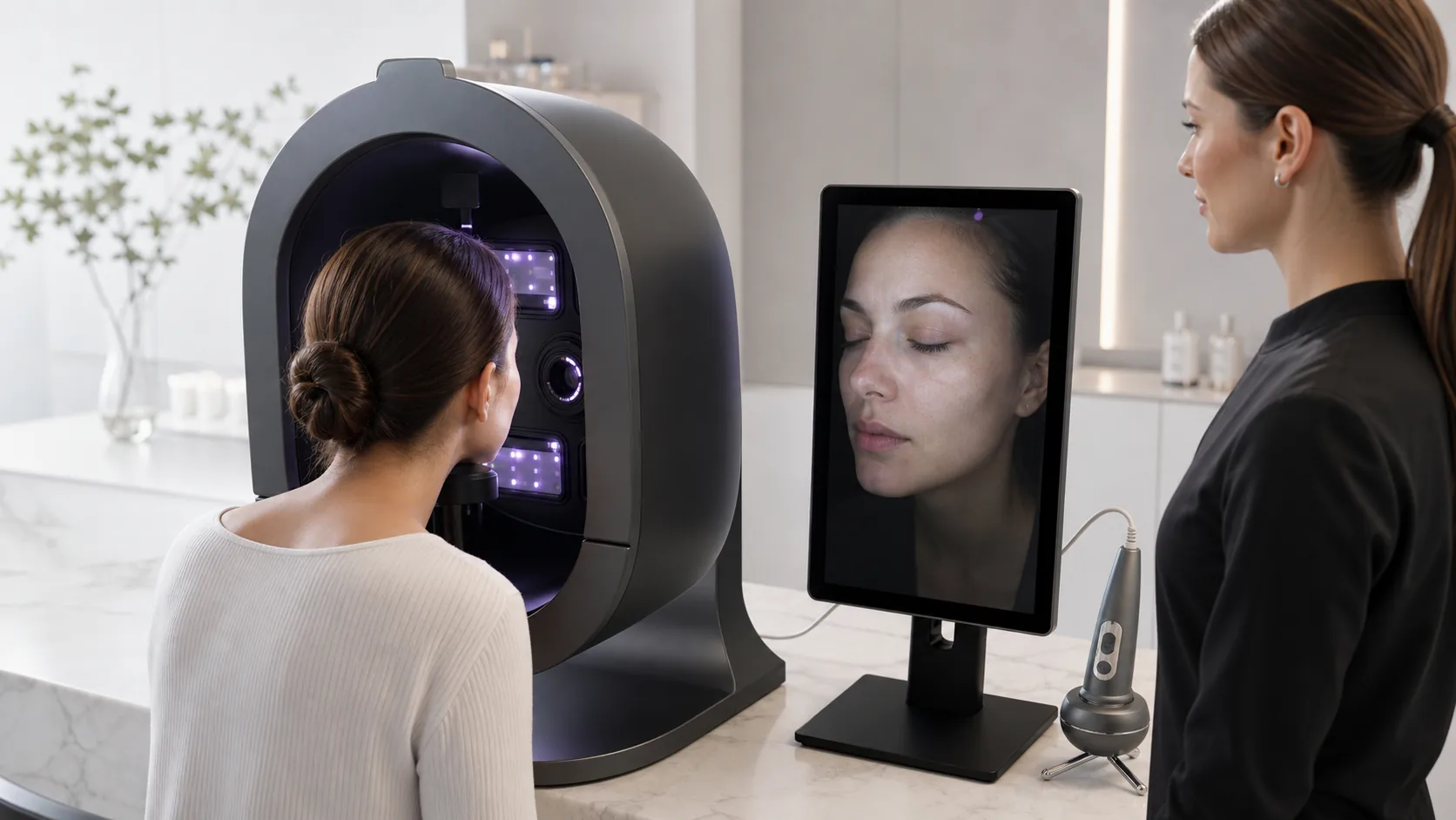 Klientka podczas obrazowania skóry w Skin Image Analyzer pod opieką specjalistki